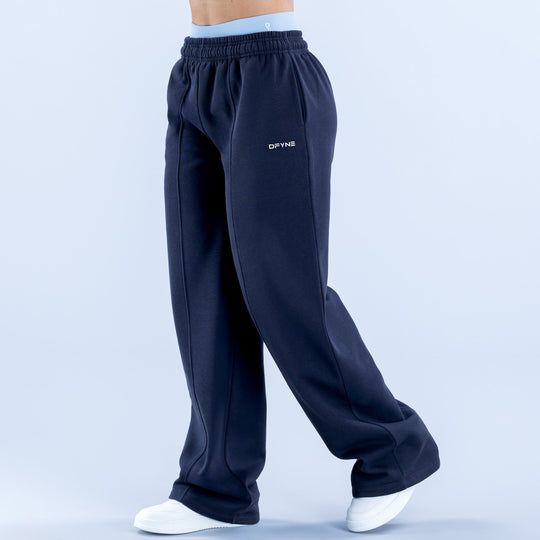 Navy wide-leg jogger pants with elastic waistband and small front logo