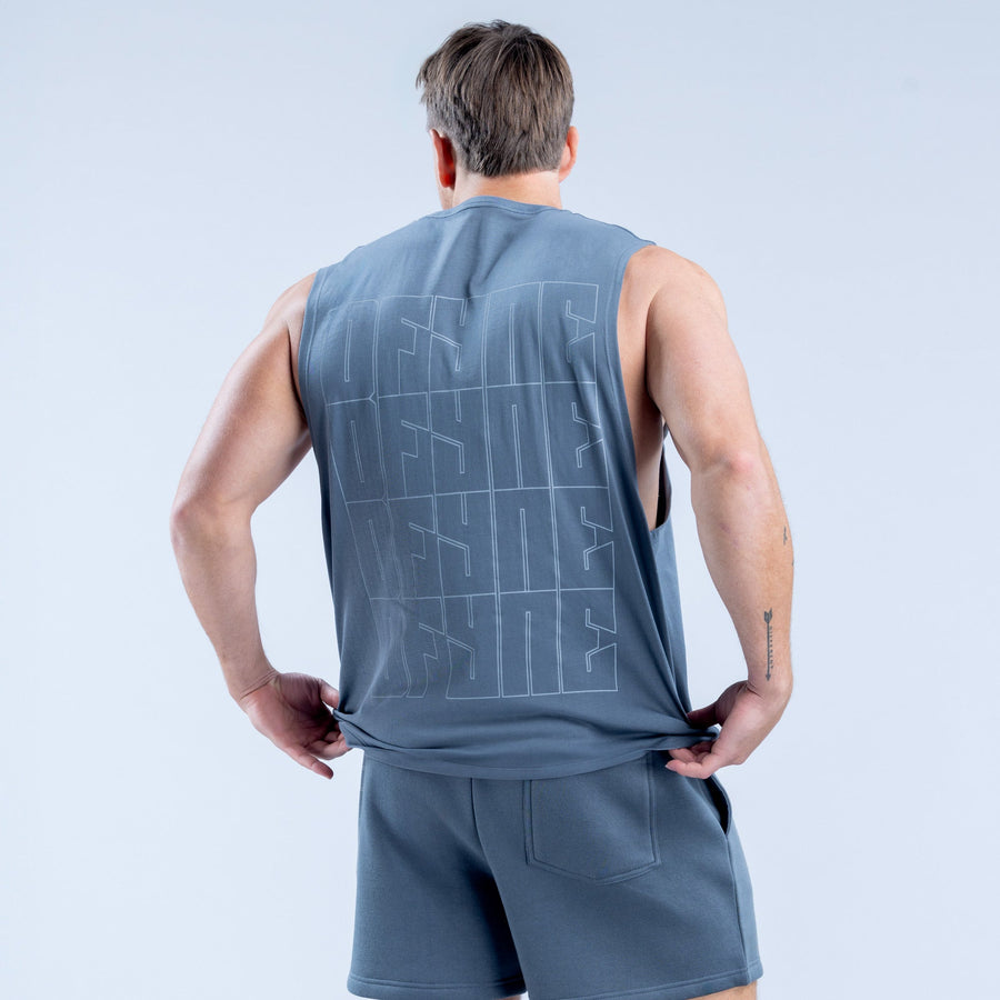Men's blue sleeveless graphic tank top, back view with large geometric print