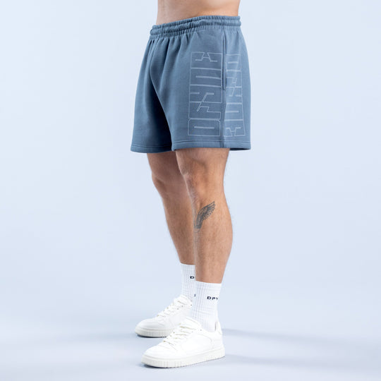 Men's denim-blue graphic shorts with front logo graphic and elastic waistband