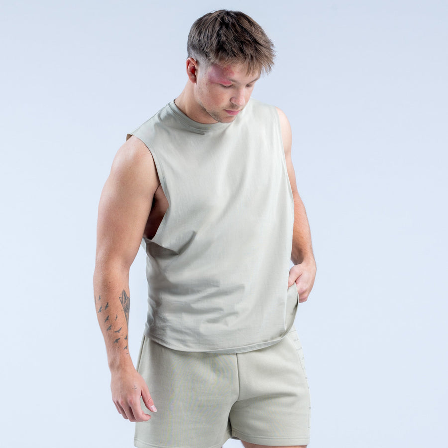 Light sage graphic tank top with crew neck and matching drawstring shorts