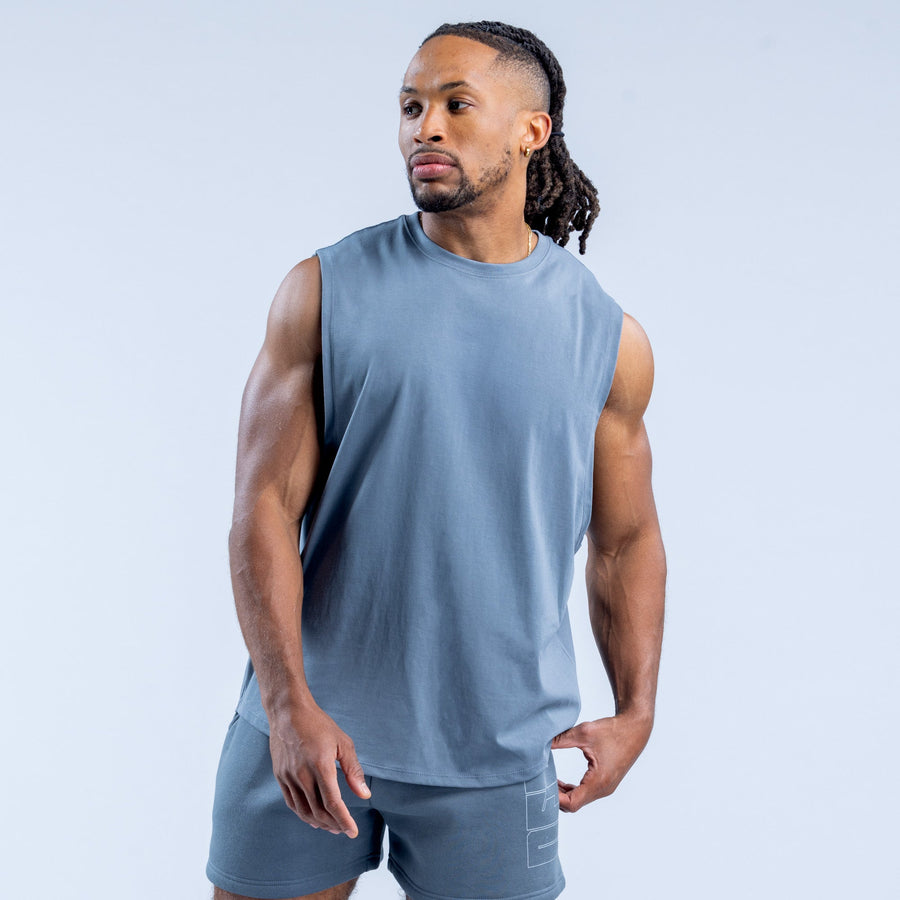 Men's blue sleeveless crew-neck graphic tank top, front view