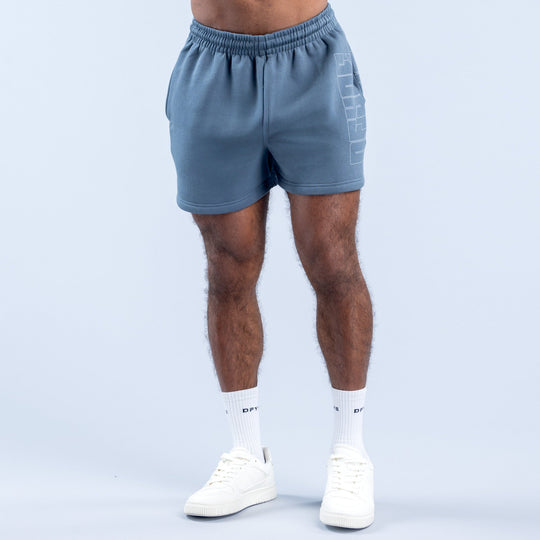 Men's denim-blue graphic shorts with elastic waistband and side logo print