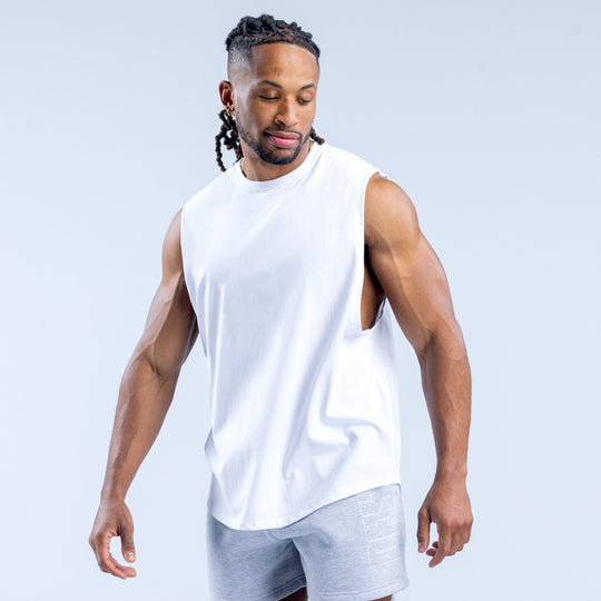 White graphic tank top for men, sleeveless crew neck