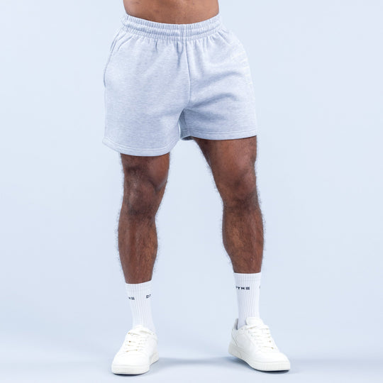 Light blue heather graphic shorts with elastic waistband and drawstring