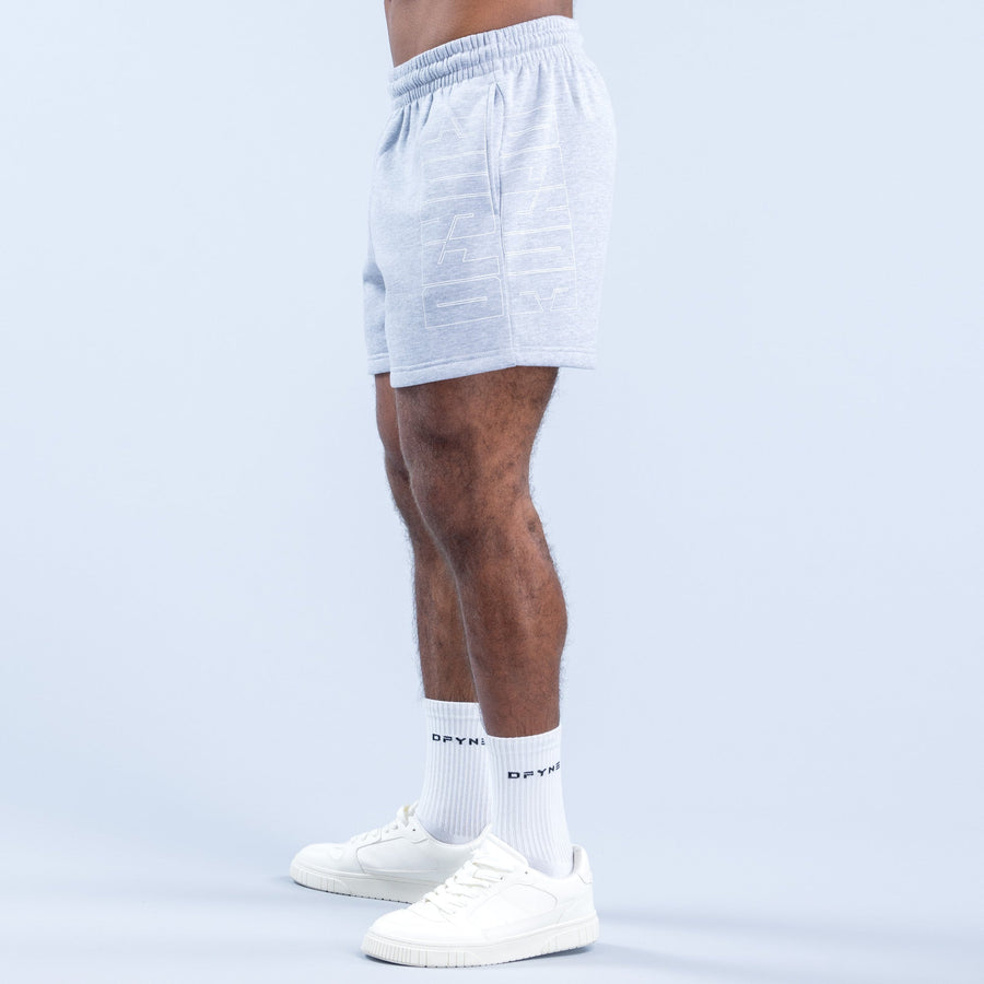 Light blue heather shorts with side seam and elastic waistband, hem above knee