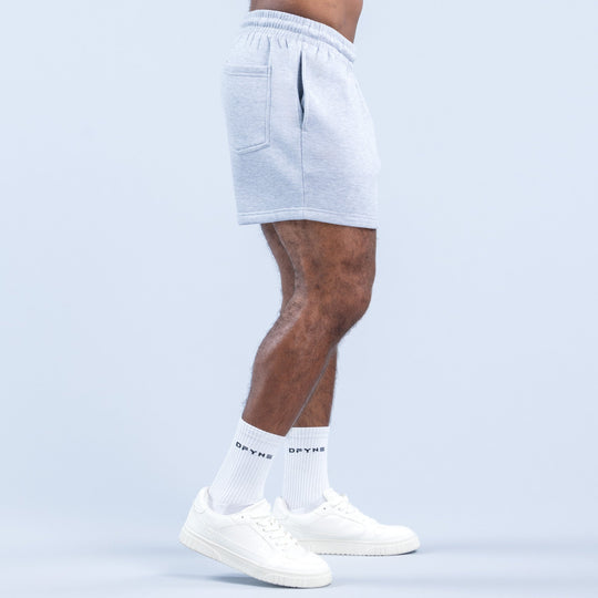 Light blue heather shorts with back pocket detail and elastic waistband