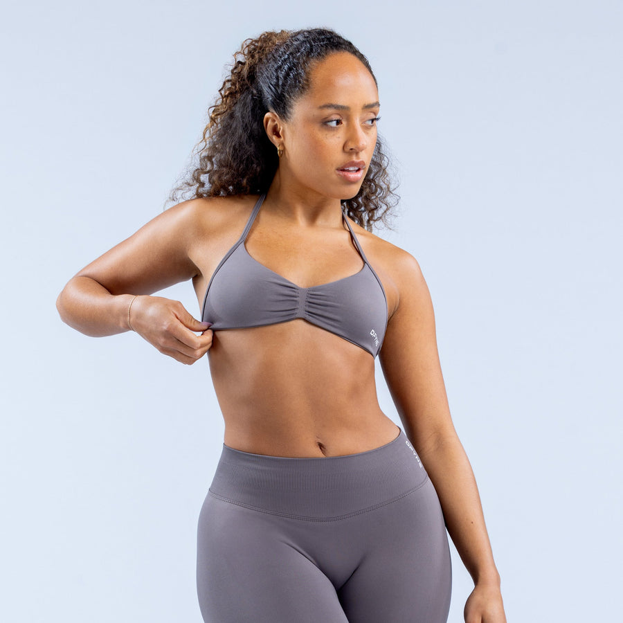 Strappy sports bra with knot-front cups and thin straps in dark gray