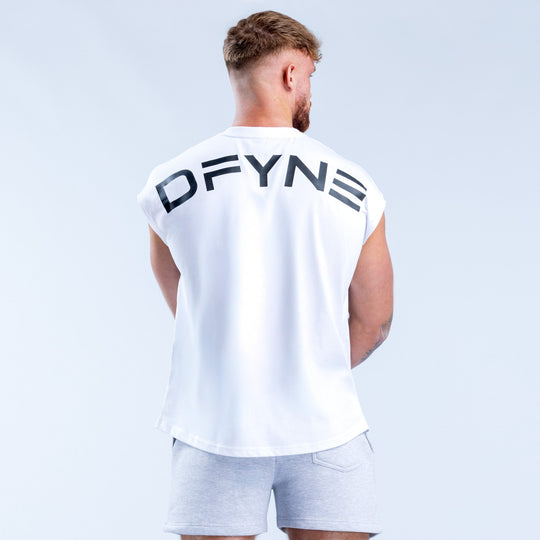 White sleeveless tank top with large stylized logo across the back