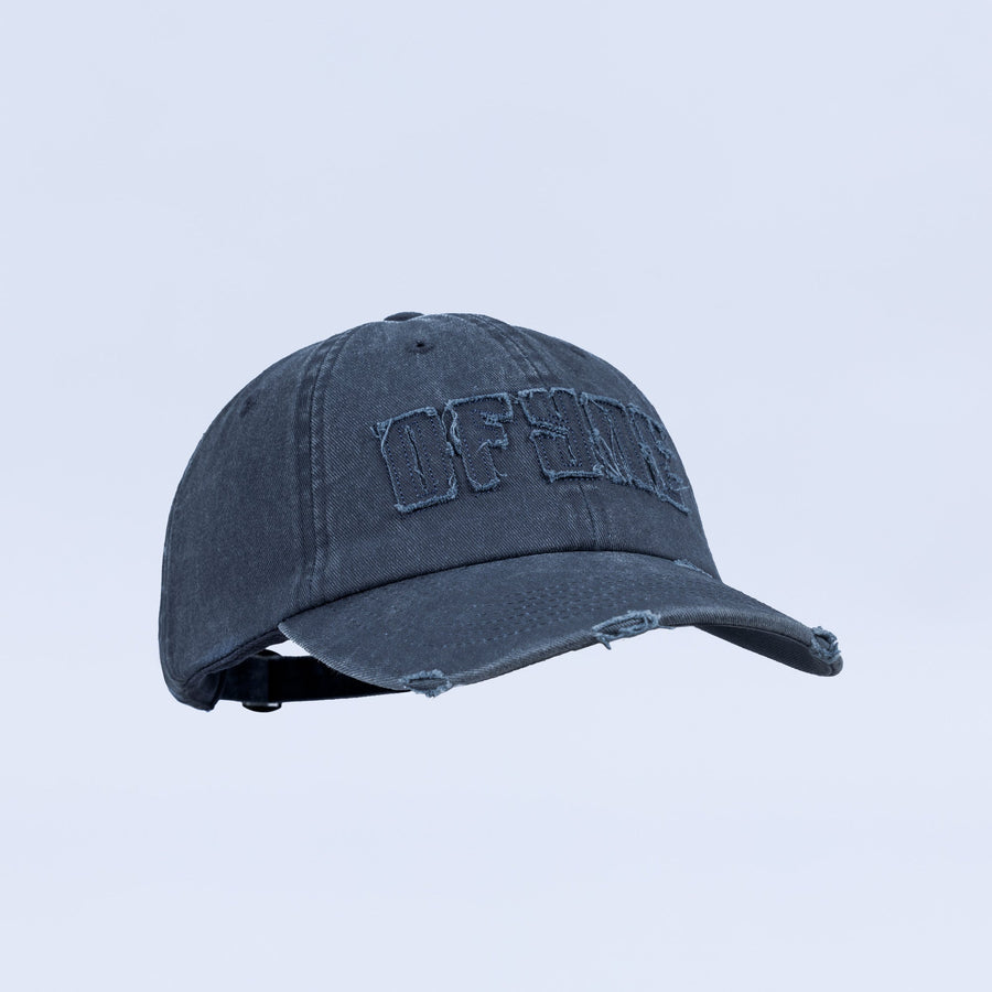 Distressed denim baseball cap with embroidered front logo and distressed curved brim