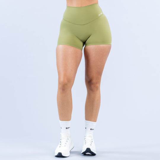 Anisia 4.5 in shorts in light olive green, seamless look, mid-rise waistband