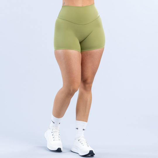 Anisia 4.5 in shorts in light olive green, smooth back with center seam, mid-rise