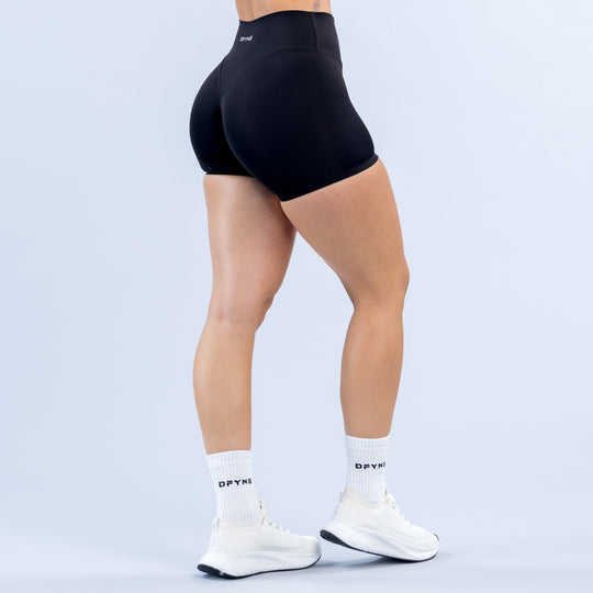 Women's black 4.5-inch biker shorts shown from side, seamless fit, small logo