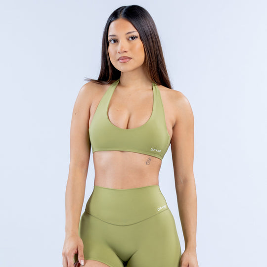 Green halter bra with wide neckline and backless open back straps