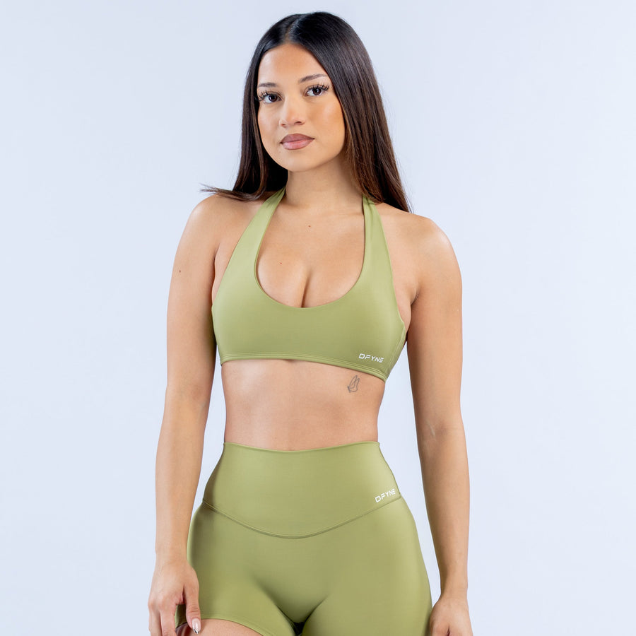 Green halter bra with wide neckline and backless open back straps