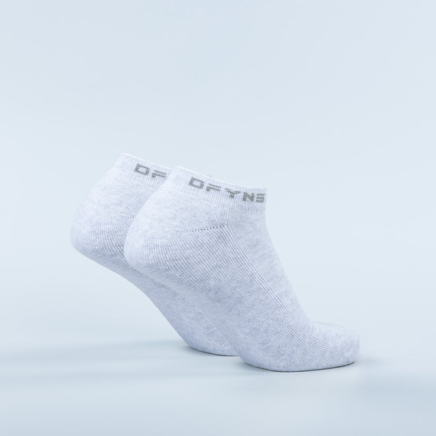 Light gray ankle socks with DT.FNS logo on cuff, single sock view