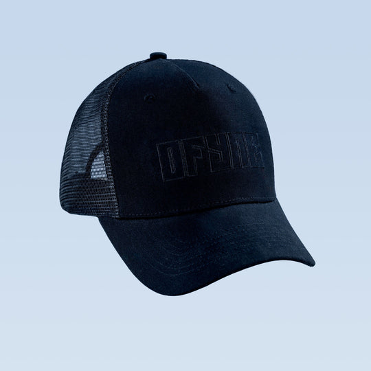 Dark navy trucker cap with front embroidered logo patch