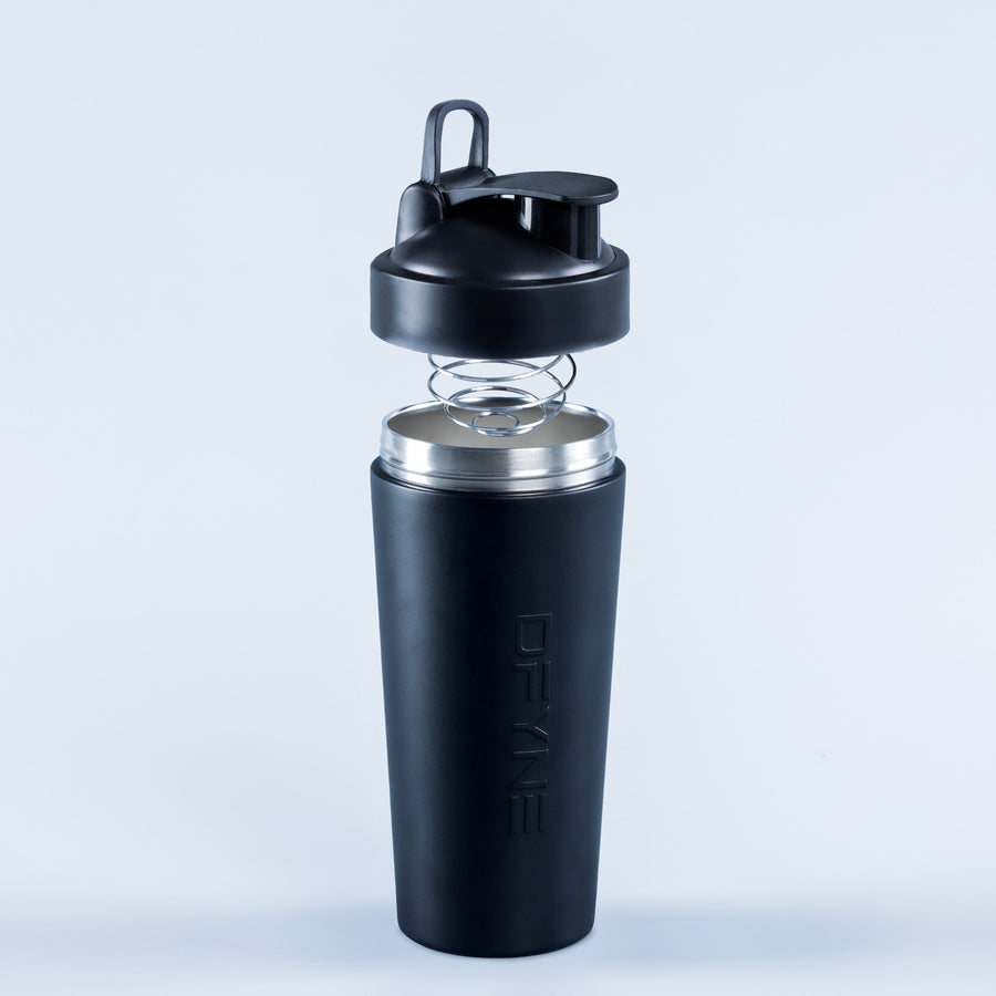 Black shaker bottle with screw lid and carry loop
