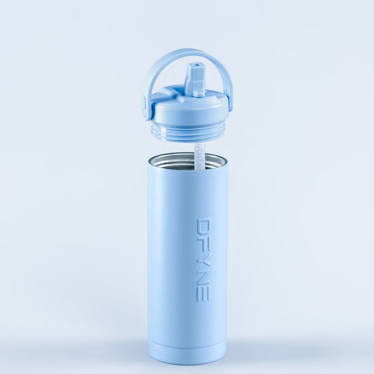 Light blue water bottle with flip-up lid and drinking spout