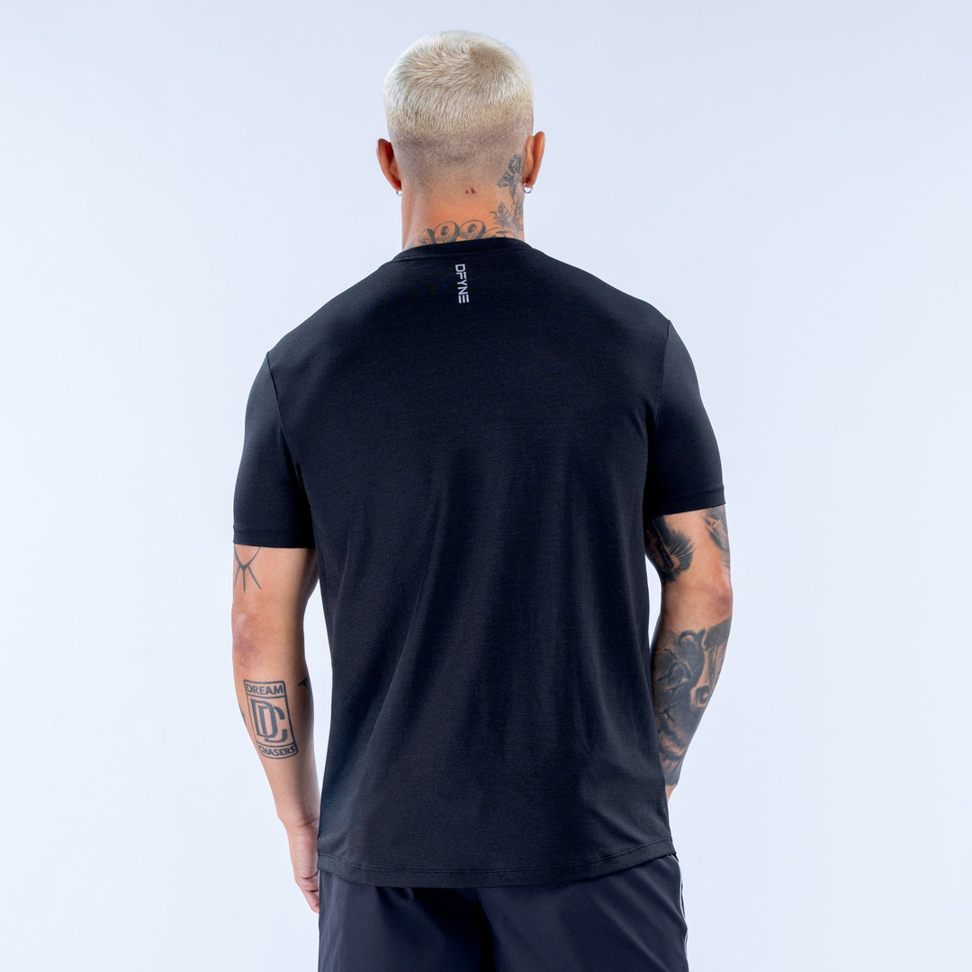 Men's black active top, back view, crew neck and DEYIN logo at collar