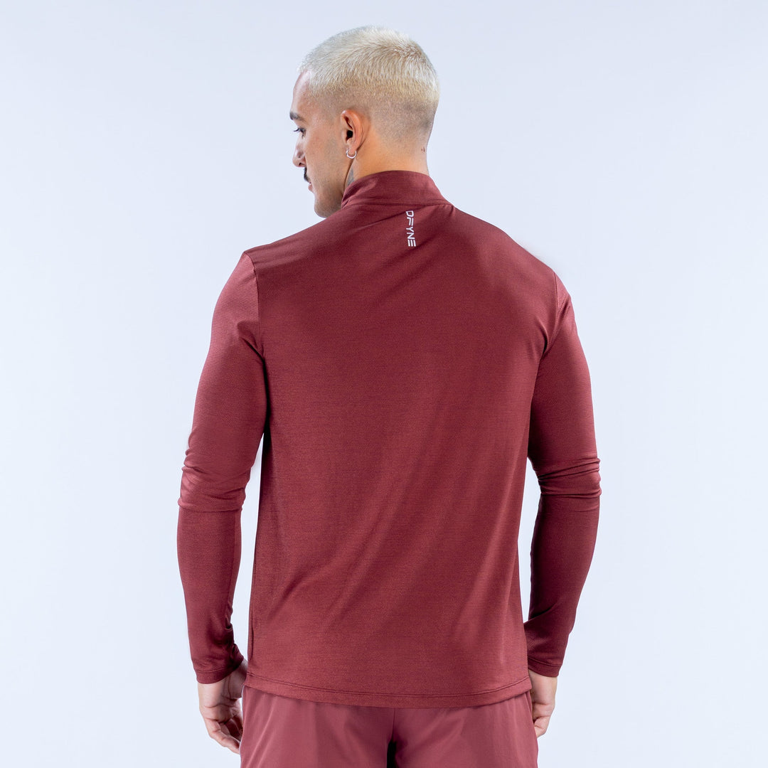 Maroon quarter-zip long-sleeve athletic top, back view with neck logo