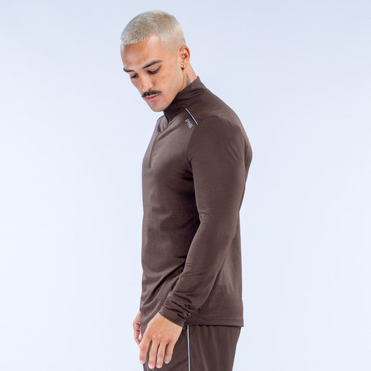 Men's dark brown quarter-zip pullover with standing collar and long sleeves