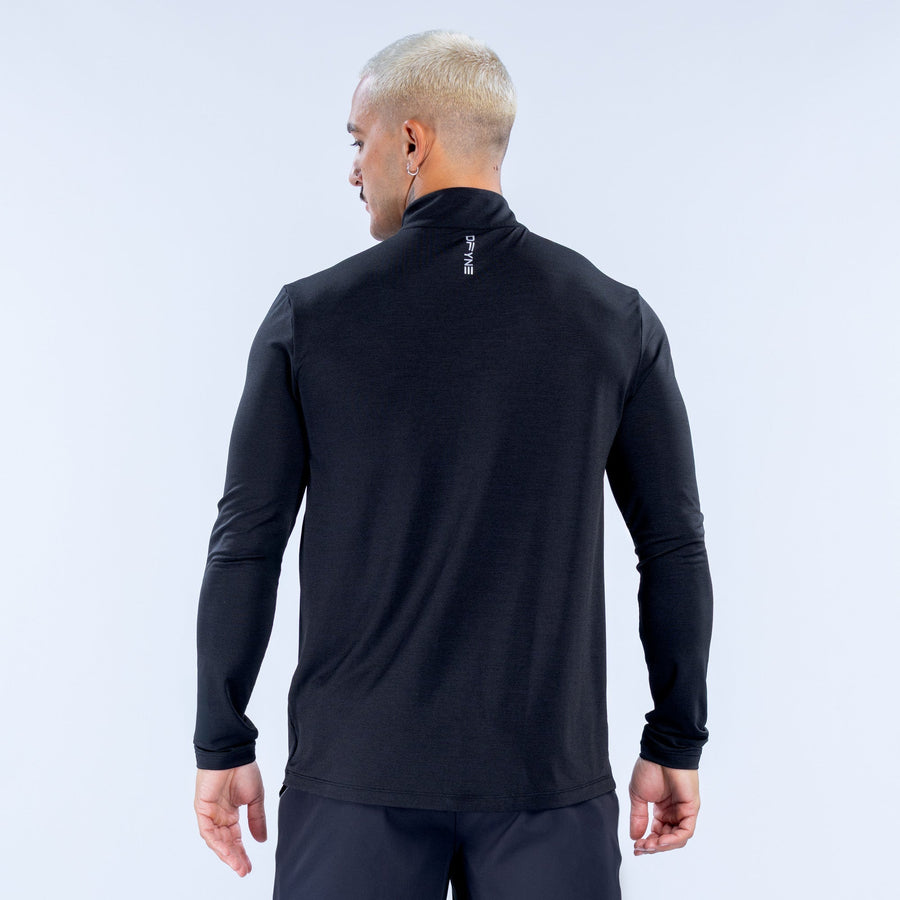 Black quarter-zip pullover, back view, mock neck and long sleeves