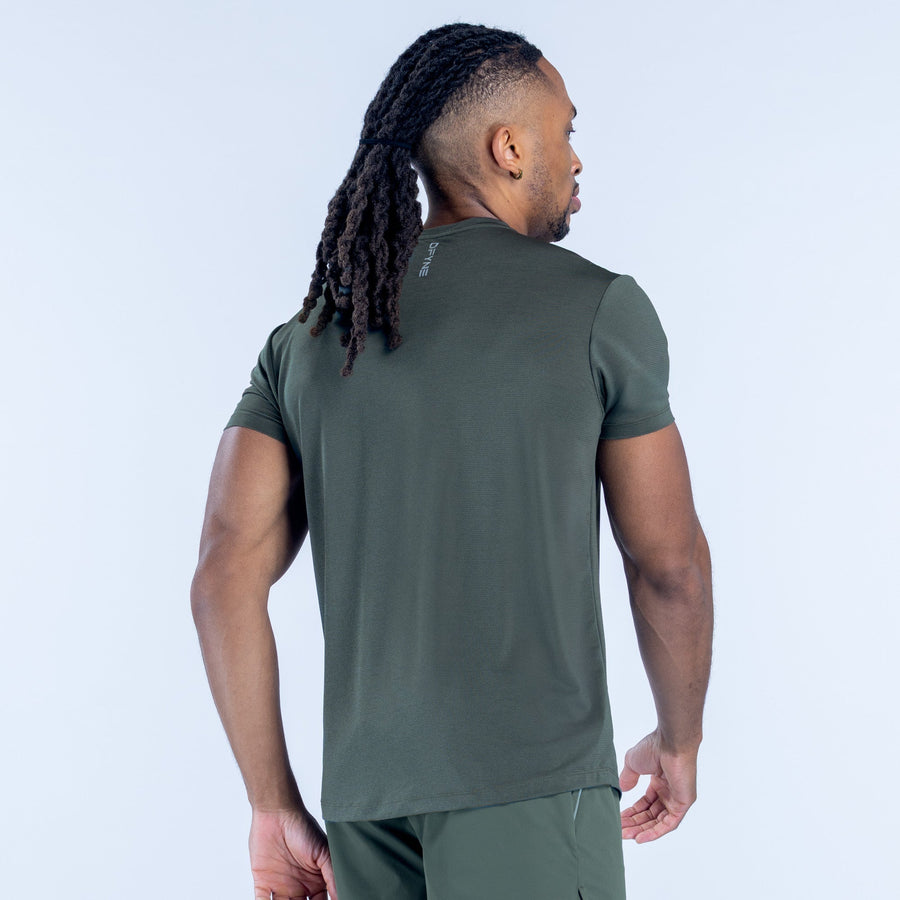 Men's dark green athletic T-shirt, crew neck short sleeves, back logo detail