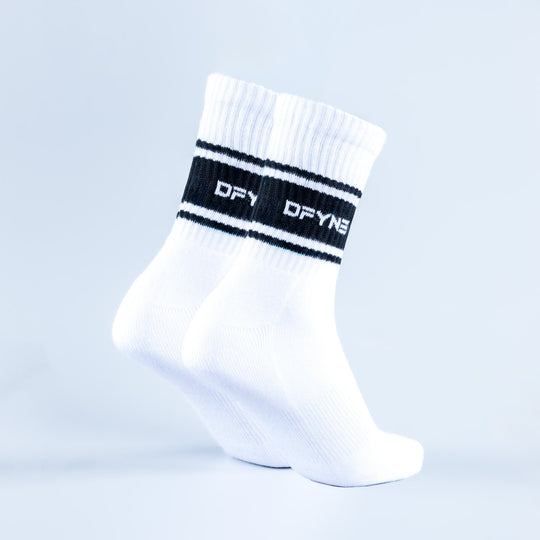 White crew sports socks with black stripe logo on cuff