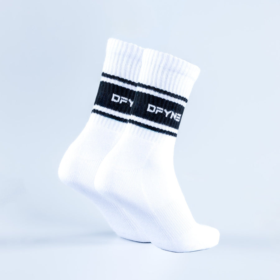 White crew sports socks with black stripe logo on cuff