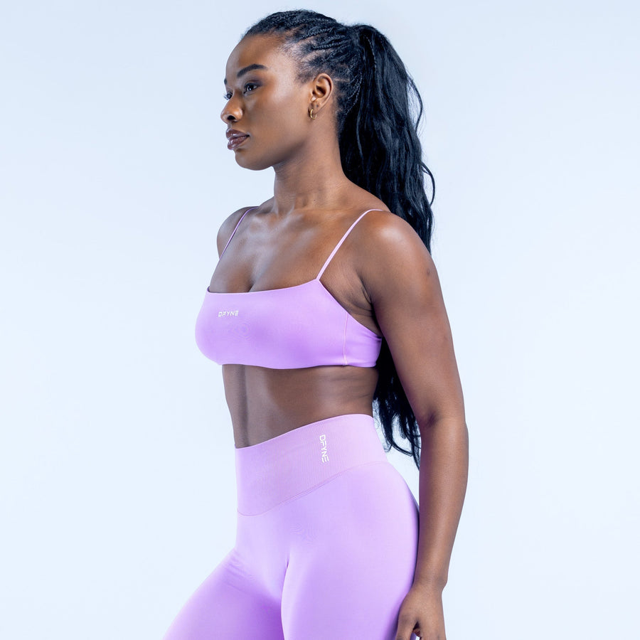 Lilac strappy sports bra with straight neckline and thin straps