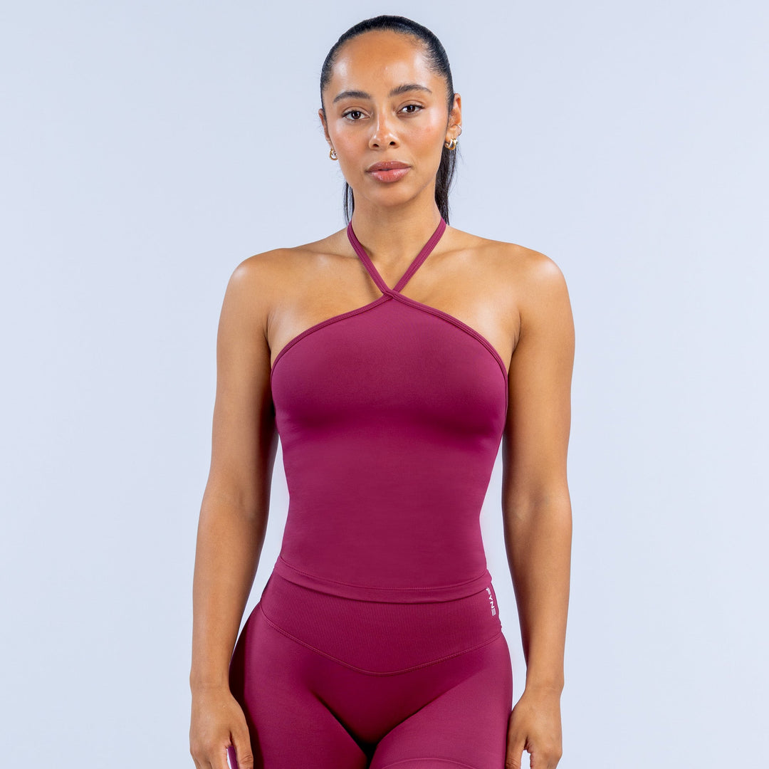 Burgundy halter longline sports top with cross-back straps