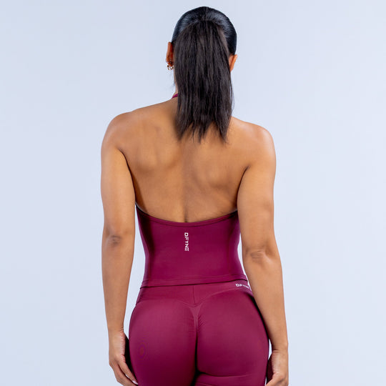 Burgundy longline halter back view with racerback straps and small logo