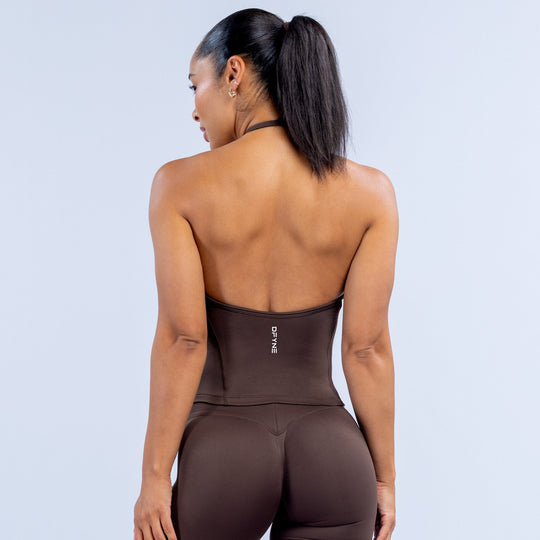 Dark back view longline halter top with racer straps and center back logo tag