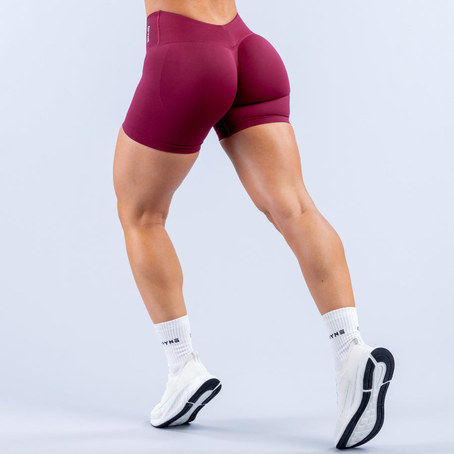 Maroon 4.5-inch athletic shorts, rear view, high-stretch waistband