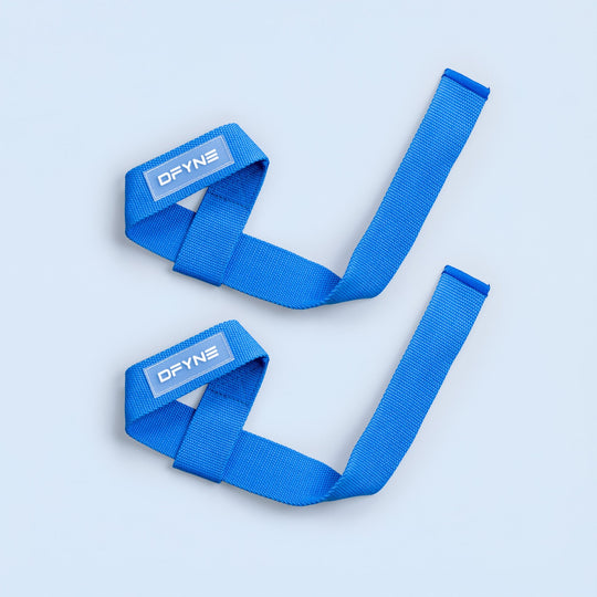Blue wrist straps with DFYNE logo, adjustable hook-and-loop bands