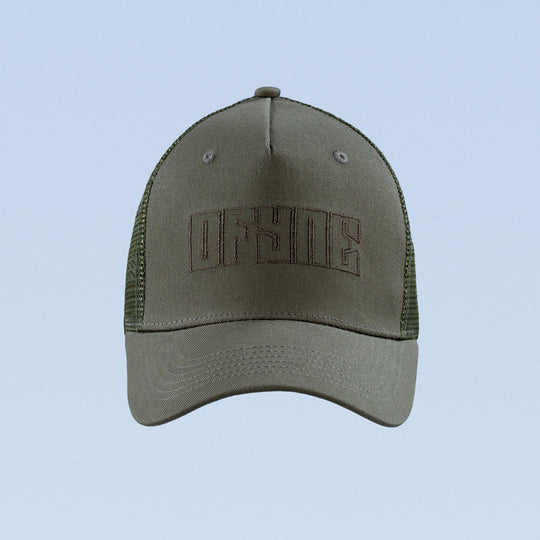 Olive green trucker cap with front Off World logo and mesh back