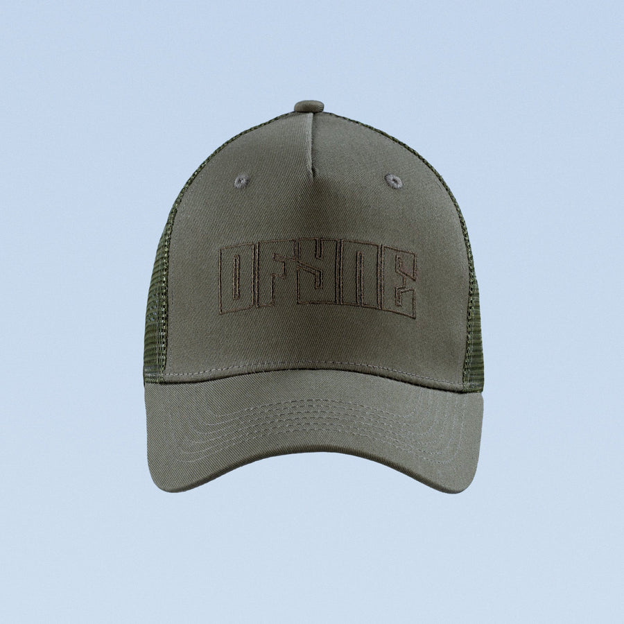 Olive green trucker cap with front Off World logo and mesh back