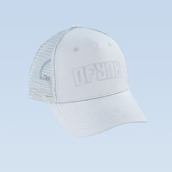 White trucker cap with front logo and mesh back panel, curved brim
