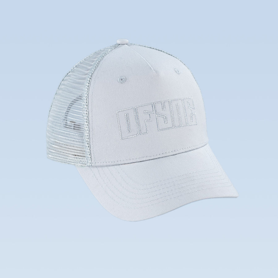 White trucker cap with front logo and mesh back panel, curved brim