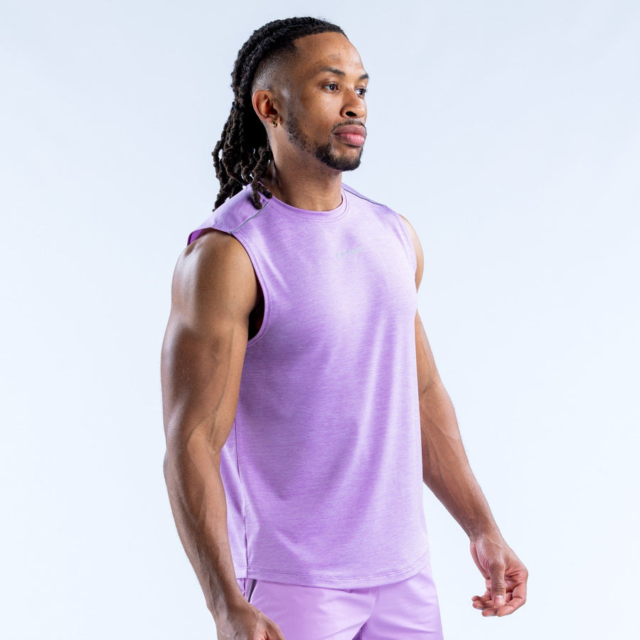 Lavender sleeveless crew-neck tank top, side view.