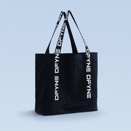 Black canvas tote bag, folded top and two logo strap handles