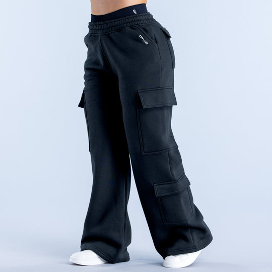 Black cargo jogger pants with elastic waistband and side cargo pockets, loose fit.