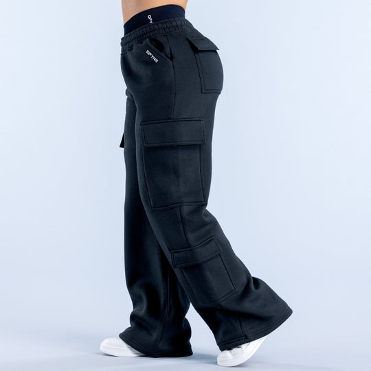 Black cargo jogger pants with side and thigh cargo pockets, wide leg opening.