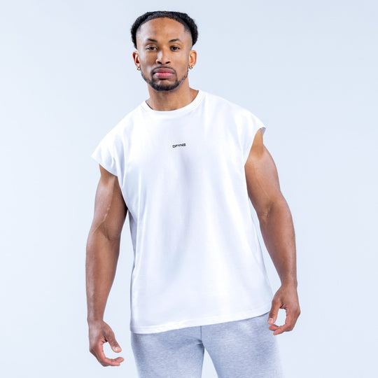 White sleeveless tank top with crew neck and small chest logo