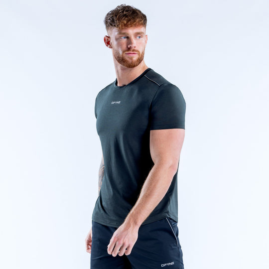 Men's active crew-neck t-shirt top, dark green, short sleeves; angled front view