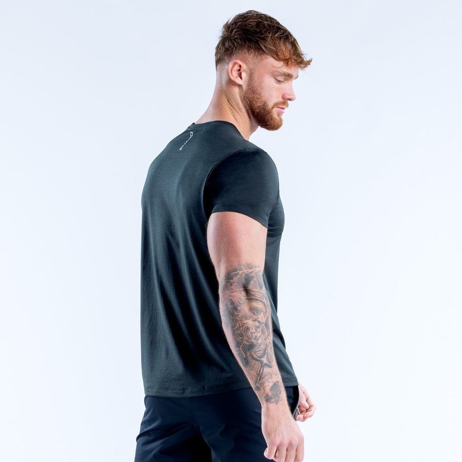 Men's active crew-neck t-shirt top in dark green, short sleeves; back-side view