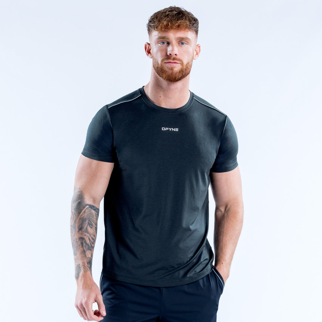 Men's active crew-neck t-shirt top, short sleeves, dark green with small chest logo
