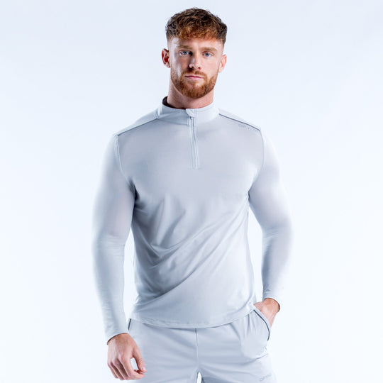 Men's light blue quarter-zip pullover with long sleeves