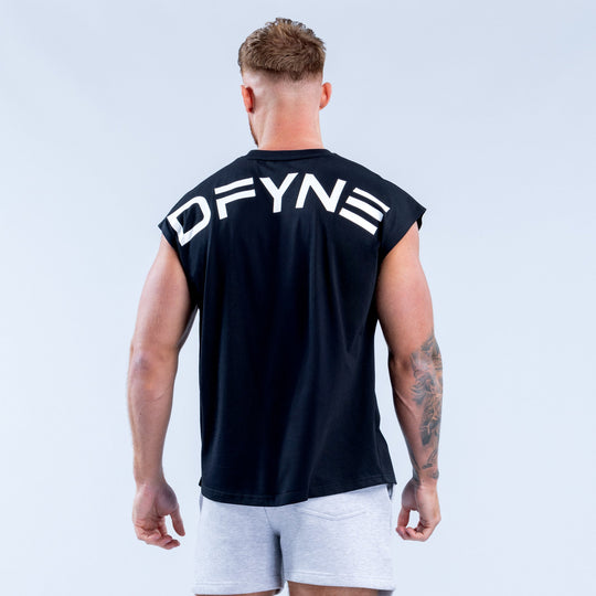 Black sleeveless crew-neck Signature tank with large DFYN back print and white stripes