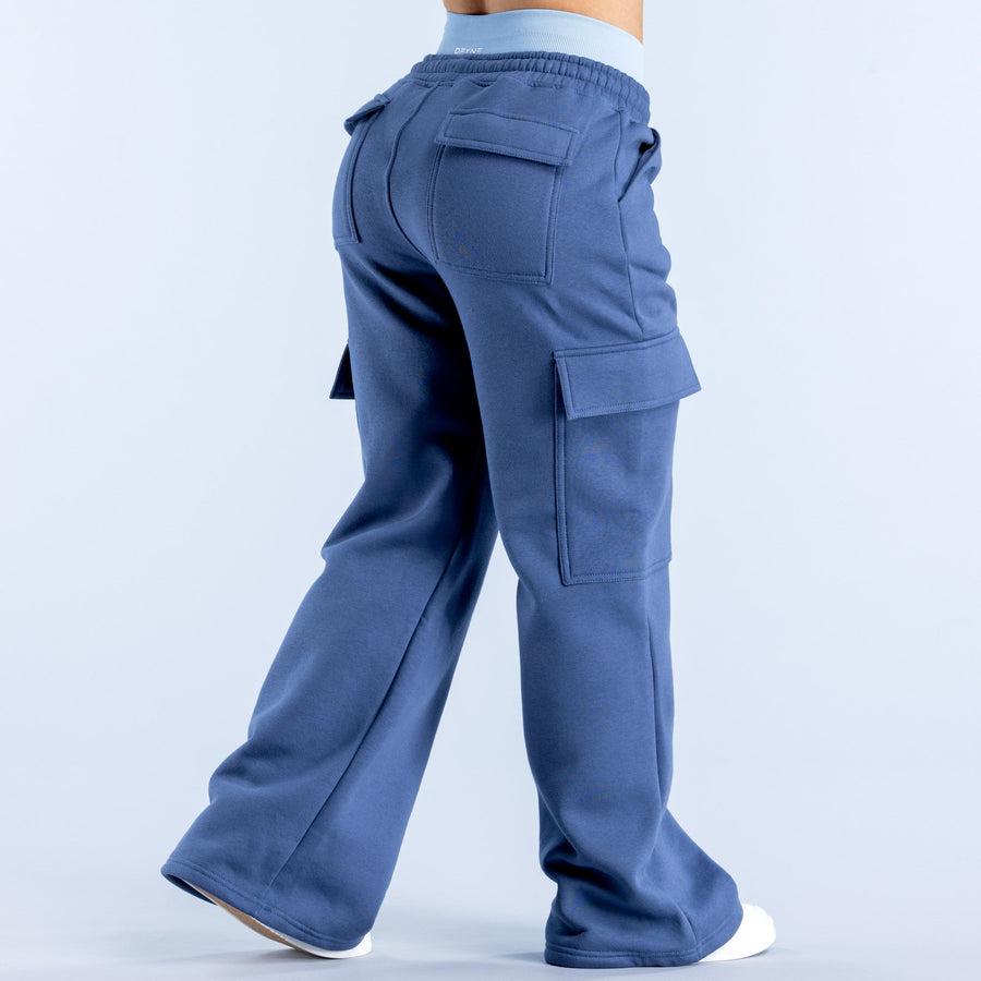 Navy-blue cargo jogger pants with large patch cargo pocket and utility straps